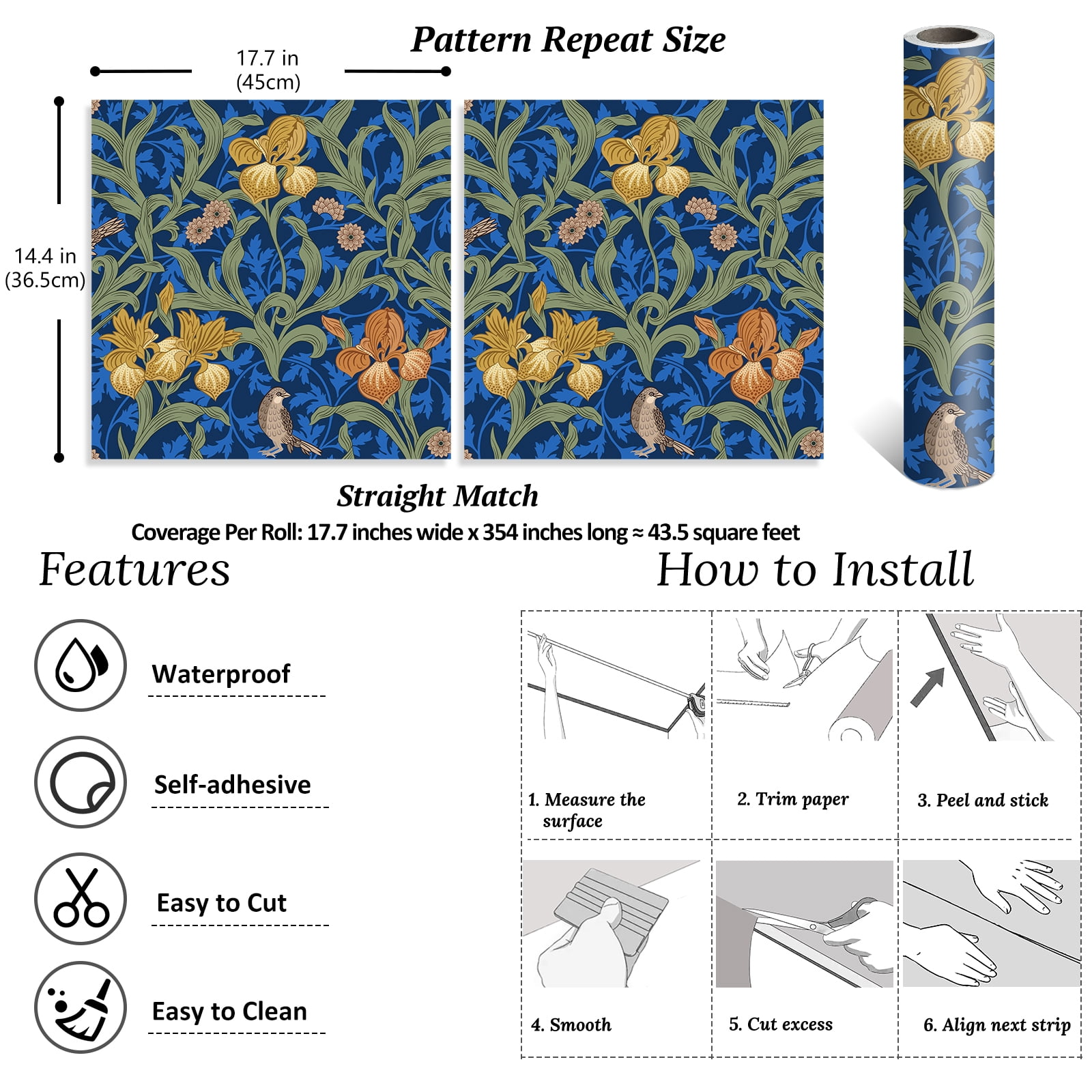 VEELIKE 17.7''x354'' Blue Bird Damask Vintage Floral Wallpaper for Bedroom Peel and Stick Wallpaper Boho Removable Self Adhesive Flower Wall Mural Blue Floral Contact Paper for Cabinets Drawers