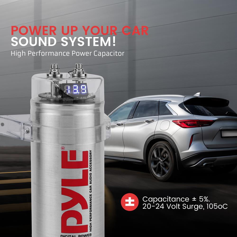 Pyle 3.2 Farad Digital Power Capacitor for Car Audio, LED Voltage Display, Electronic Polarity & Over-Voltage Protection, Includes Mounting Hardware and Post Kits (2.9" x 9.7")