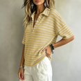 thumbnail image 4 of Short Sleeve Waffle Knit Shirt for Women Striped Polo Collar Top Loose Fit Button Neck Casual Preppy Vacation Summer, 4 of 6