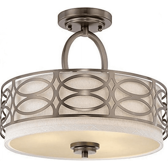 Nuvo 60-4729 Harlow Plafonnier Semi-Encastré à 3 Lumières, Abat-Jour Tambour en Tissu Kaki, Fini Nickel Brossé, 15 Po