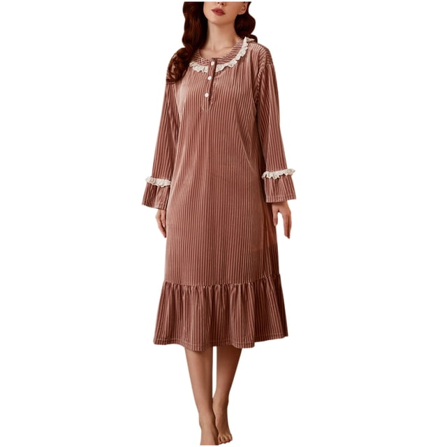Timegard Chemises de Nuit pour Femmes à Boutons Col Rond Manches Longues Nuisettes Dentelle Volant Automne Hiver Robe de Nuit