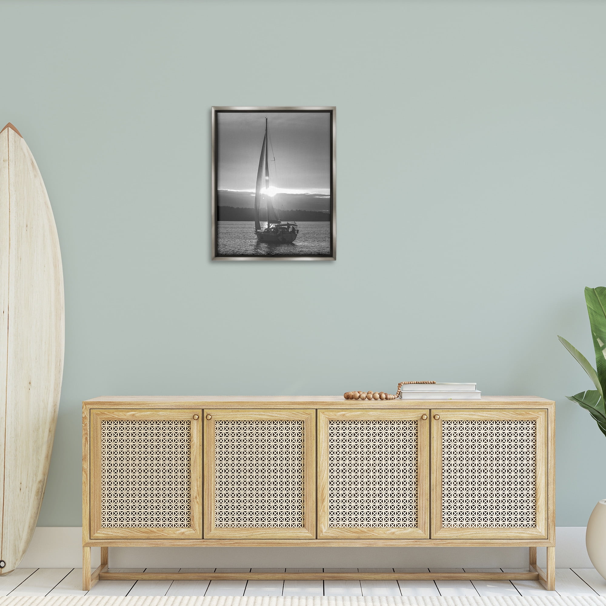 Stupell Industries Grey Sailboat Seascape Transportation Photography Gray Floater Framed Canvas Art Print Wall Art, 25 x 31