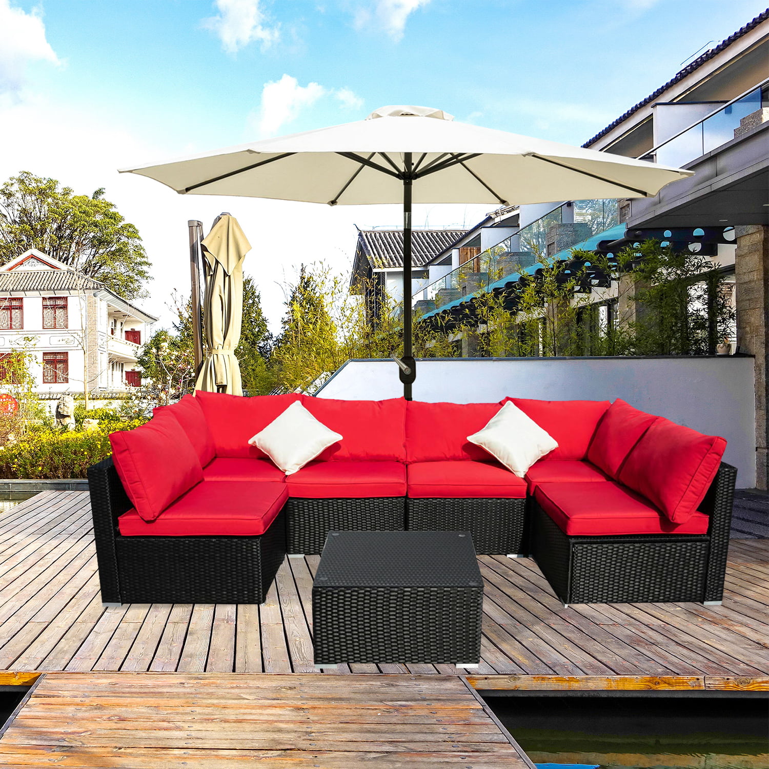 Ainfox 7-Pieces Outdoor PE Rattan Wicker Patio Furniture Sectional Sofa