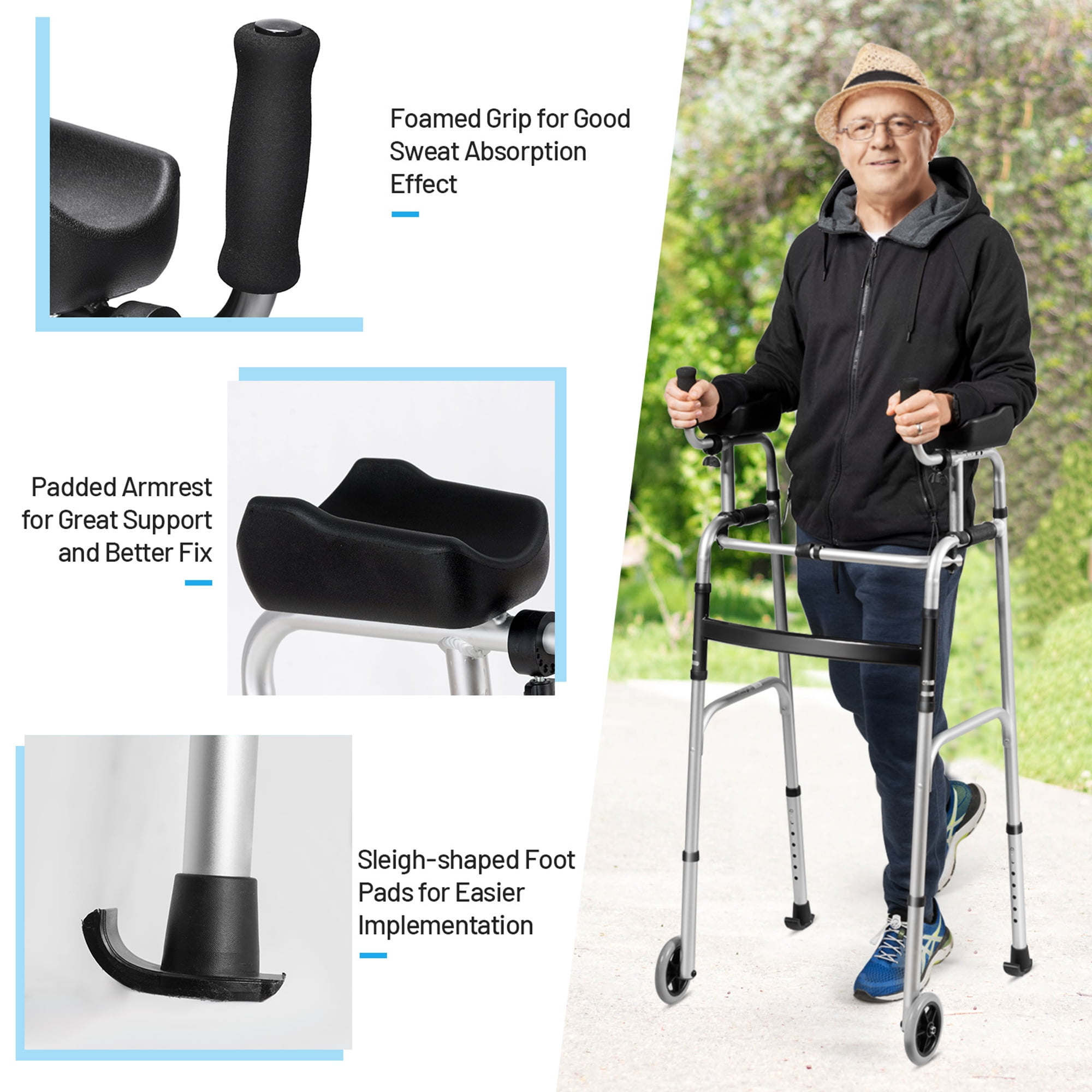 Gymax Folding Walker Aluminum Walking Aid Adjustable Walking Frame with Wheels Sliver