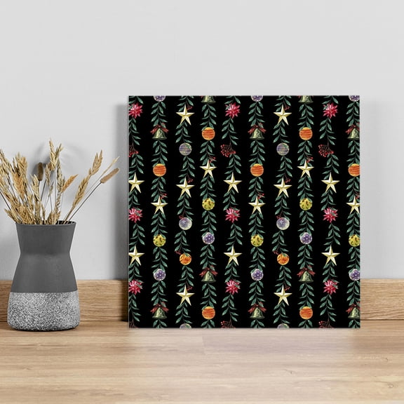 Black Christmas Wall Art Painting on Canvas, Green Botanical Xmas Balls Star Canvas Art Home Prints Wall Art Framed Modern Artwork for Living Room Bedroom Wall Decor 8x8in