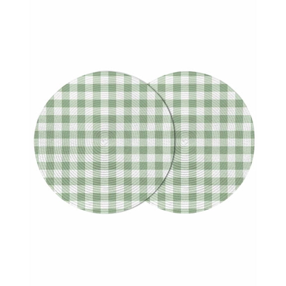 Sage Green Buffalo Plaid Round 13 Inch Placemats Set of 2, Green White Checkered Farmhouse HeatResistant Non Slip Place Mats for Dining Table, Wipeable Braided Kitchen Table Mats for Housewarming