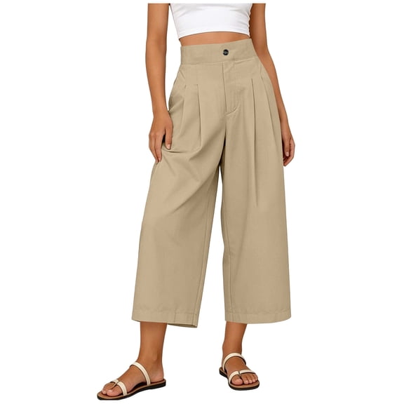 RQYYD Women's High Waist Wide Leg Cropped Pants Pleated Loose Casual Trousers Flowy A Line Beach Bottoms with Pockets