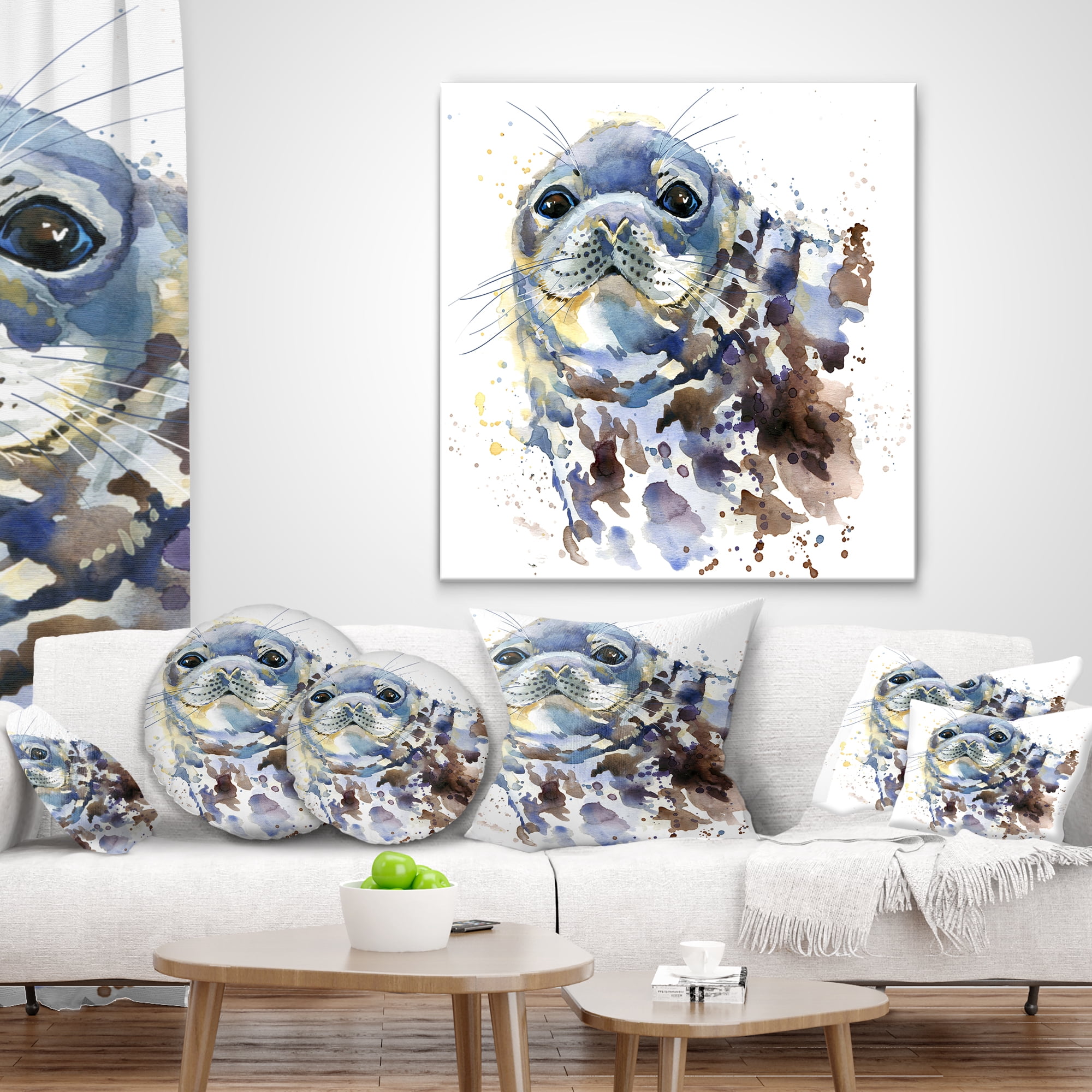 Designart Blue Marine Seal Watercolor - Contemporary Animal Throw Pillow - 16x16