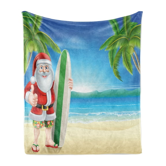 Christmas Soft Flannel Fleece Throw Blanket, Santa Claus Trunks on the Beach and Surfboard Sunny Hot Xmas Theme, Cozy Plush for Indoor and Outdoor Use, 50" x 60", Blue Green, by Ambesonne