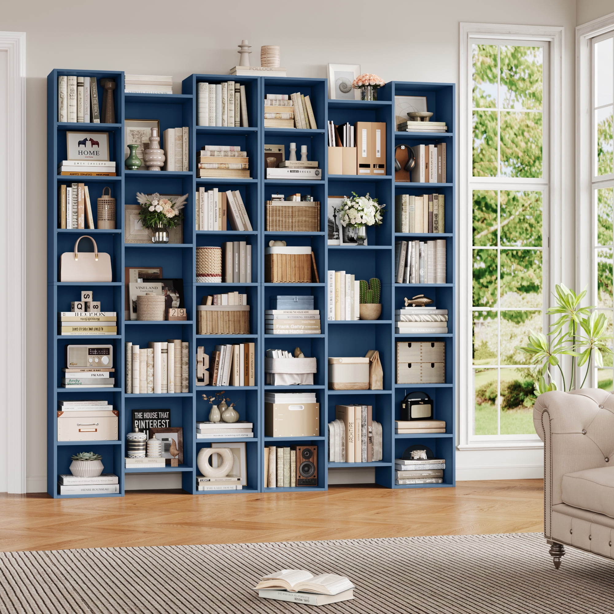 Homfa 21-Cube Bookcase, 71’’ Tall Wooden Bookshelves with Adjustable Shelves, Triple Wide CD Display Storage Organizer Shelf for Home Office, Blue