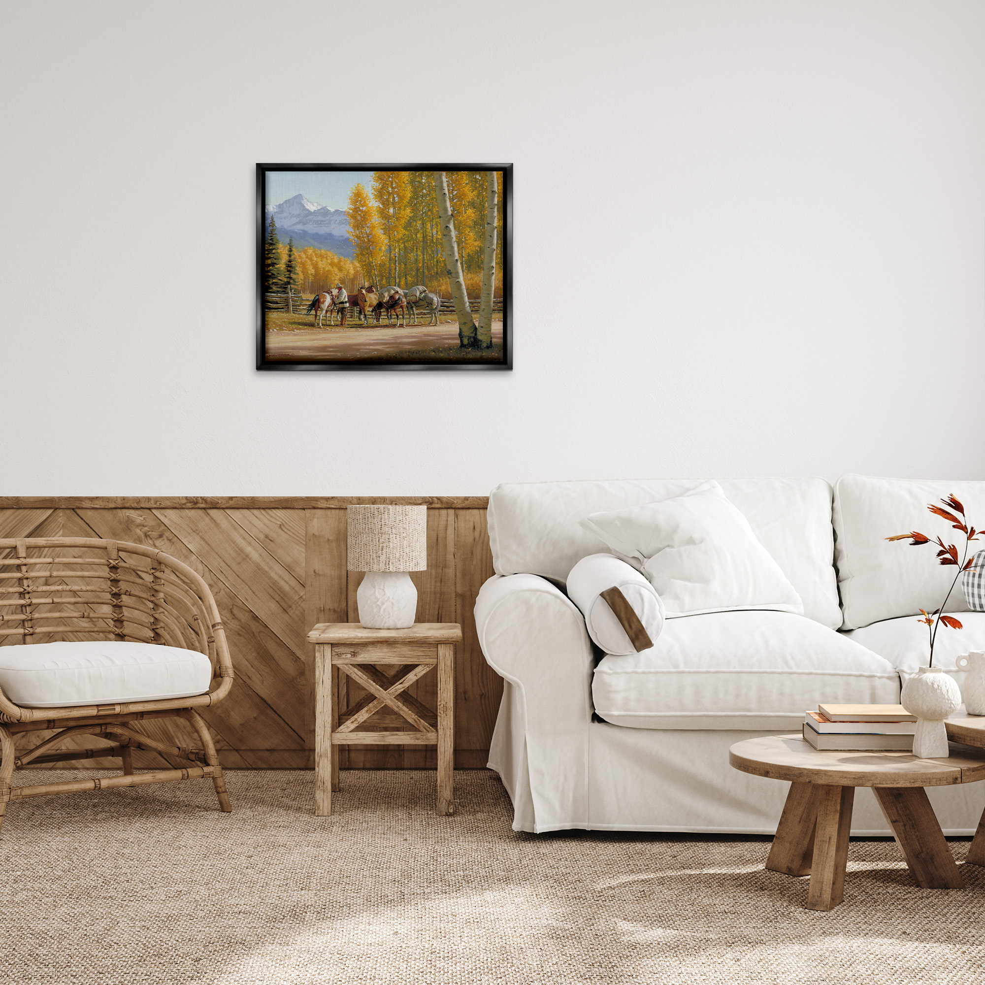 Stupell Industries Horses with Fall Foliage Landscape Painting Black Floater Framed Canvas Art Print Wall Art, 31 x 25