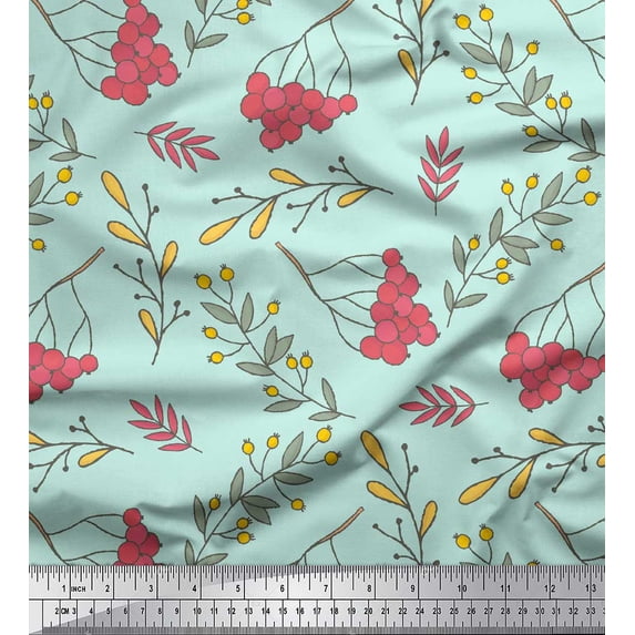 Soimoi Green Cotton Voile Fabric Red Berries & Leaves Decor Fabric Printed Yard 42 Inch Wide