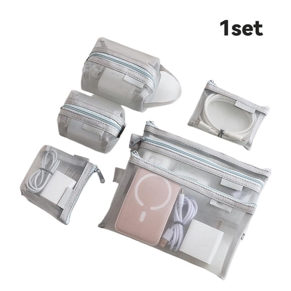 6 Pcs Mesh Zipper Pouch Set - Portable Travel Makeup Bags Organizer for Cables, Electronics, Cosmetics, Clear Compact Cosmetic Pouches for School Home Office Travel Accessories