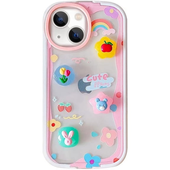 Compatible with iPhone 13 Invisible Stand Case Kickstand 3D Tulip Flower Fruit Bear Rabbit Strawberry Rainbow Cute Fashion Pink Clear Shockproof Protective Cover for Women Girls