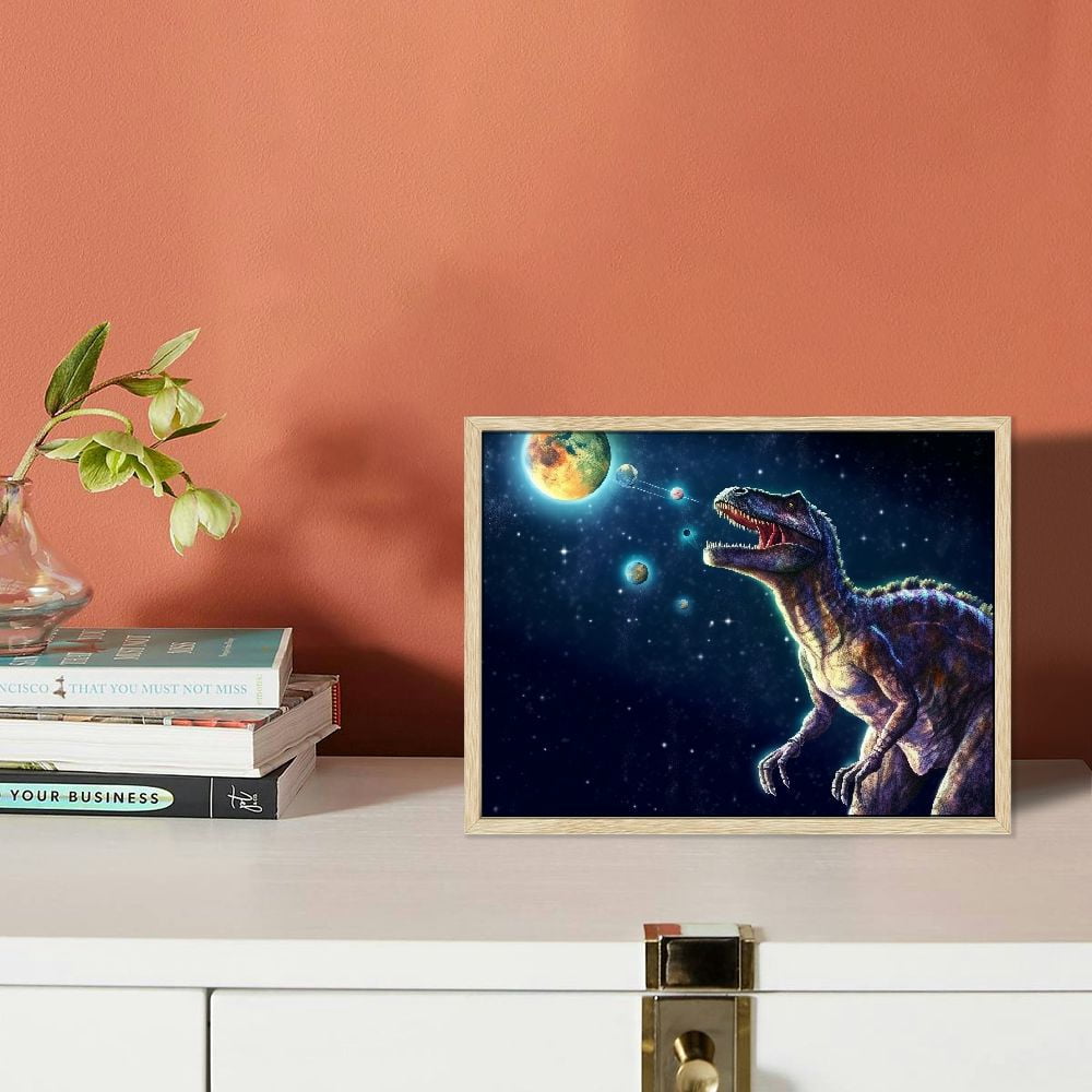 JRXY Dinosaur Decor Wall Art for Boy's Room Dinosaur Pictures Universe Space Decor Canvas Painting Framed Artwork for Living Room Bedroom Picture 2