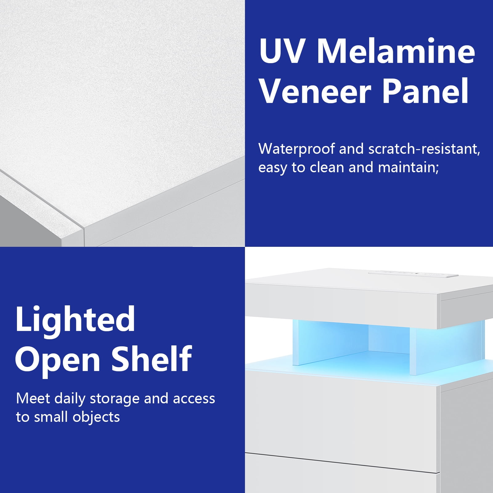Hommpa Modern LED Nightstand with Charging Station USB Type C 2 Drawer Bedside Table High Gloss White Smart Nightstands End Side Table for Bedroom