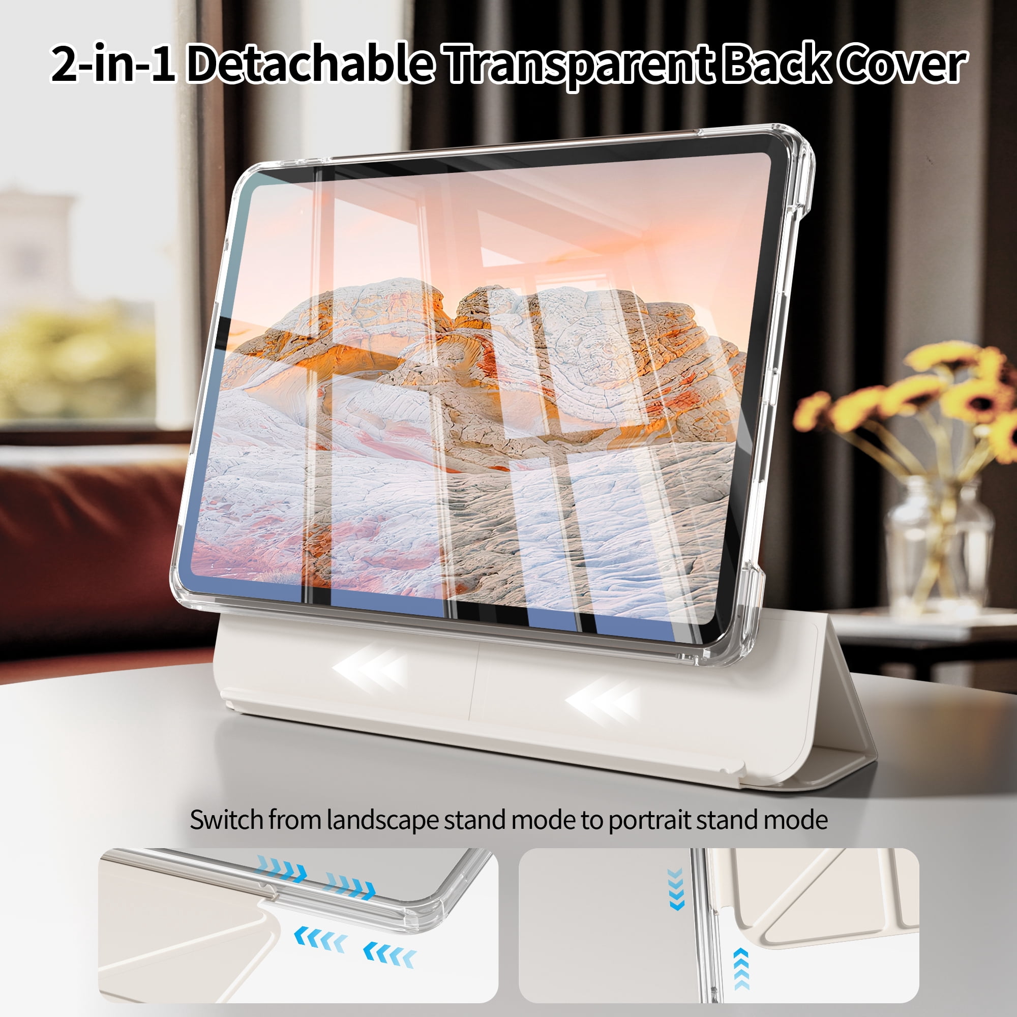 KVTVOU Case for iPad A16 11th Gen 11-inch 2025/10th Generation 10.9" 2022 with Pencil Holder, Detachable 2 in 1 Sliding Removable Cover, Transparent PC Back&TPU Shockproof, Slim Trifold,  White