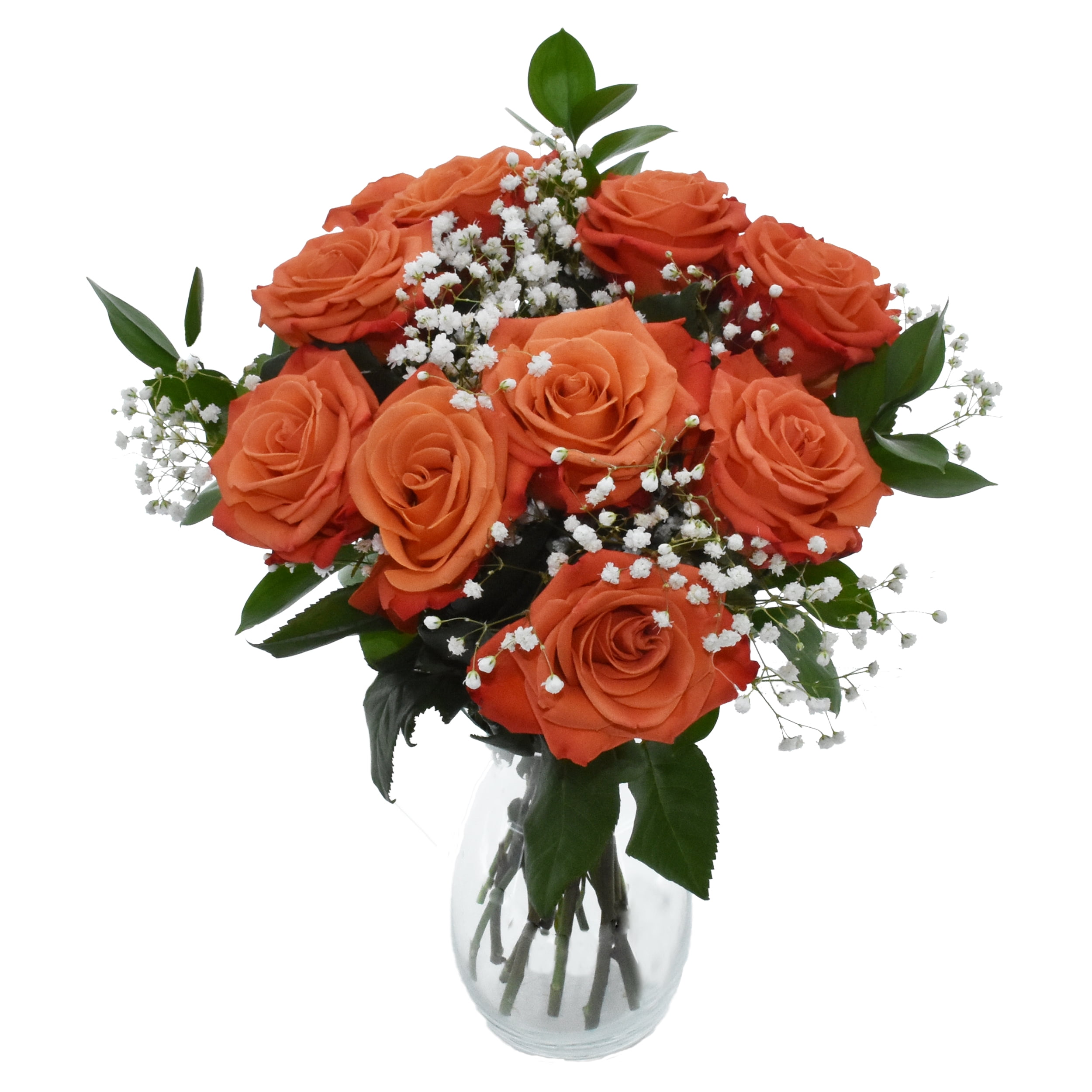 Orange Rose Bouquet, One Dozen, Vase Included