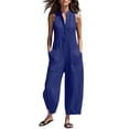 thumbnail image 2 of Cotton Jumpsuits for Women Round Neck Button Sleeveless Summer Rompers Casual Fashionable Solid Color Loose Wide Leg Jumpsuit with Pockets, 2 of 6