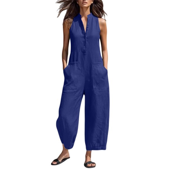 Cmfcve Wide Leg Jumpsuits for Women Sleeveless Stand Collar Half Button Up Linen Pants Loose Casual Long Overalls with Pockets