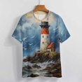 thumbnail image 3 of Lighthouse Sunrise Coast Scenery Pale Blue Tan Womens Tops Women's Fashion Casual Short Sleeve Flower Print Round Neck Pullover Top Blouse, 3 of 6