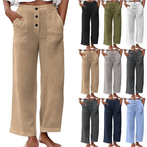 Bloomae Womens High Waisted Straight Leg Work Pants Lightweight Casual Solid Color Lounge Trousers Loose Boho Pants with Pockets Army Green XXXL