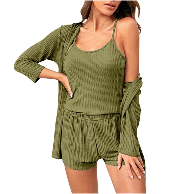 Yuyuzo Ensemble de Pyjama 3 Pcs pour Femmes Manches Longues Ouvert devant avec Haut Cami et Shorts