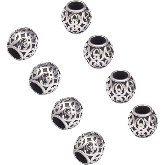 10PCS Paracord Bead Barrel European Beads 4.5mm Large Hole Beads Metal Spacer Beads 8.5mm Stainless Steel Loose Beads Antique Silver Beads for DIY Bracelet Necklace Jewelry Making DIY