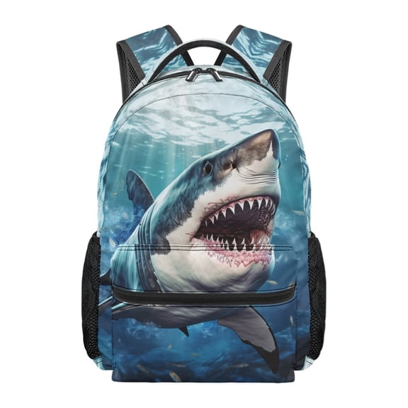 Jeiento Kids School Backpack 16 Inch Lightweight Water-Resistant Polyester Bookbag with Adjustable Straps, Multiple Organizer Pockets for Elementary Boys and Girls, White Shark Print