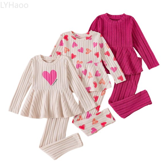 LYHaoo Girls Long Sleeve Heart Print Solid Color Matching Top Skirt And Slim Fit Pants Three Piece Outfit Girls Outfit Sets Sizes 2-3 Years(Pink)
