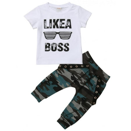 

Baby Boys Short Sleeve Like a Boss Letters T-Shirt and Camo Hip-hop Pants Outfit 18-24M