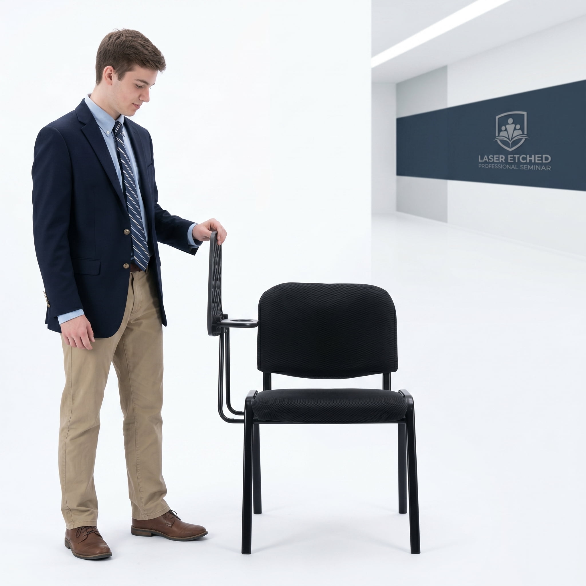 Guyou Set of 5 Black Stackable Conference Room Chairs with Flip-up Tablet Arm, Mesh Reception Chair with Back, Ergonomic Office Chairs, Visitor Chairs for Conference Room Training Room School