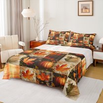 Homewish Autumn Fall Pumpkin Queen Sheet Sets,Rustic Leaves Maples Flat Sheet,Patchwork Geometric Plaid Queen Fitted Sheet For Adults,Super Cozy Room Decor,4pcs