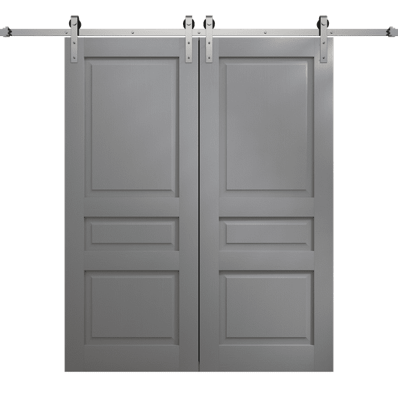 Modern Double Barn Door 36 x 80 inches | Ego 5012 Painted Grey Oak | 13FT Silver Rail Track Set | Solid Panel Interior Doors