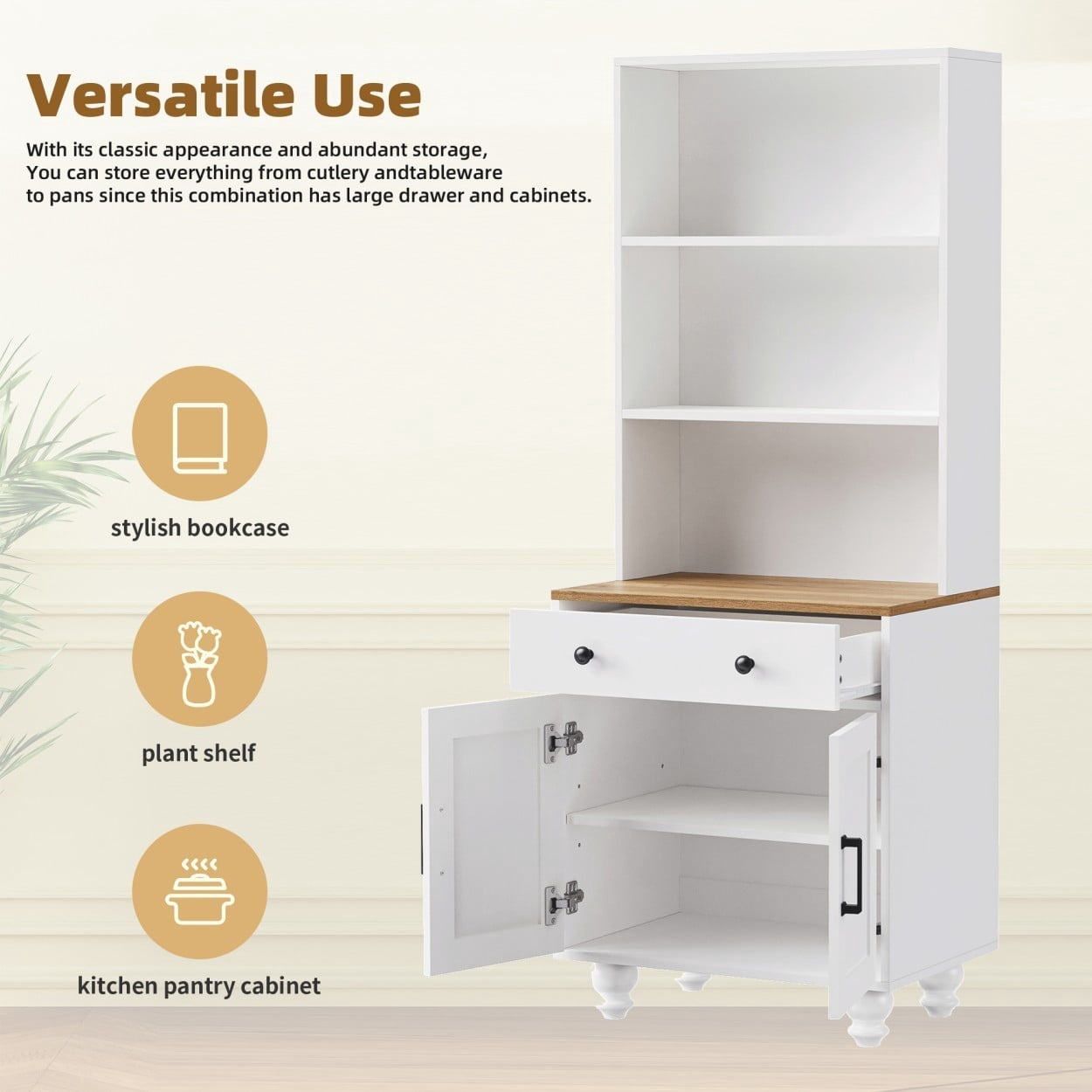 Farmhouse Storage Cabinet with Drawer, Adjustable Shelves & Doors, 63" Kitchen Pantry Cabinet, Bookcase, White