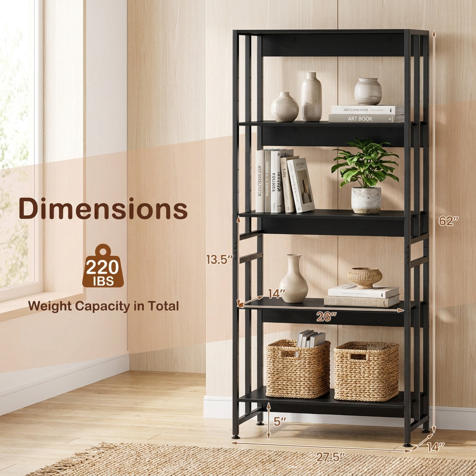 Furnibear 5-Tier Bookshelf with Adjustable and Tiltable Shelves for Living Room Home Office Bedroom Display Storage Shelf, Black
