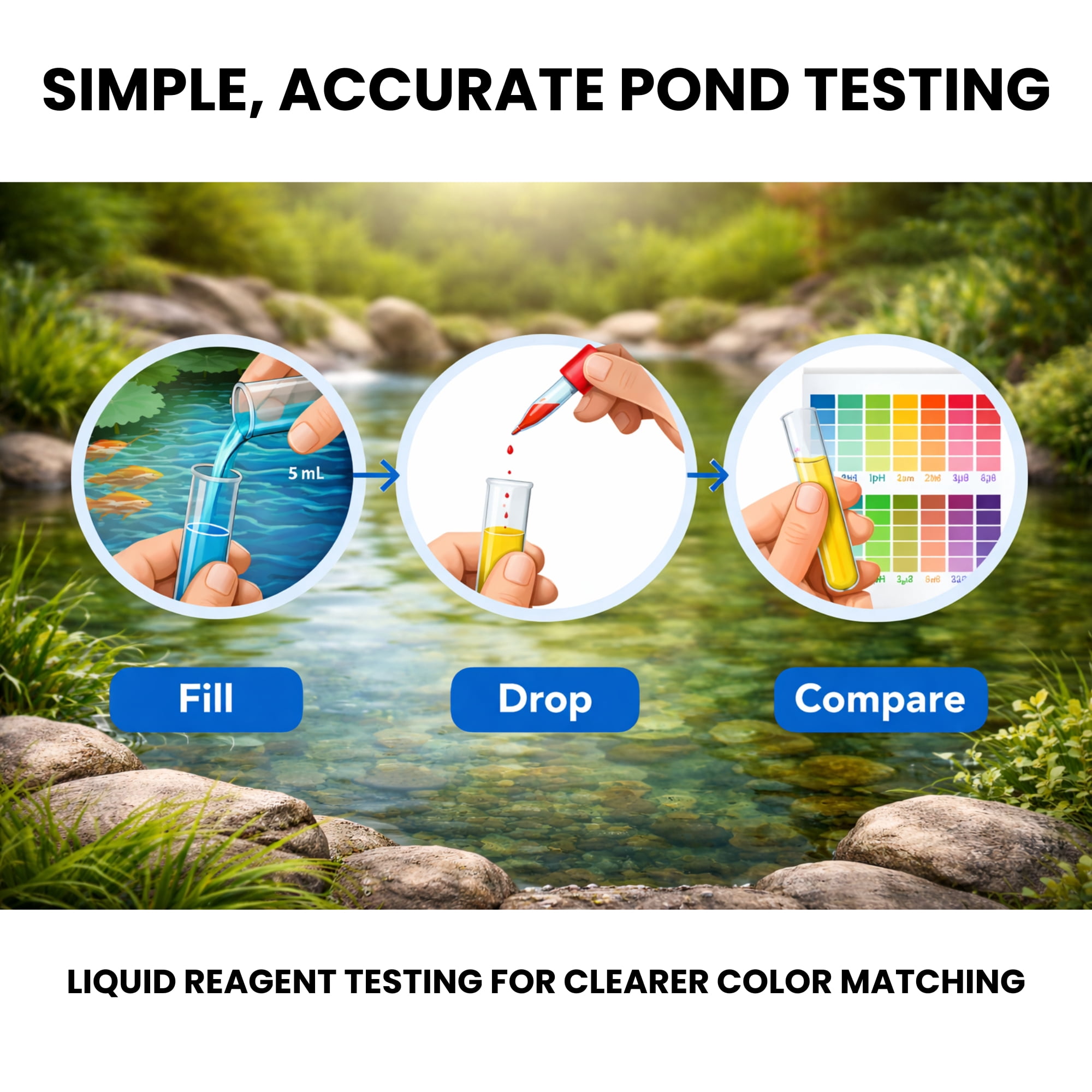 Half Off Ponds 4-in-1 Pond Water Quality Kit, 215 Tests for pH & Ammonia, Glass Tubes, Fresh & Saltwater