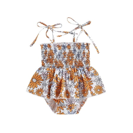 

Qtinghua Newborn Baby Girl Summer Clothes Sleeveless Ruffle Floral Dress Romper Spaghetti Strap Lace Up Bodysuit Orange 6-12 Months