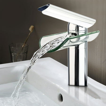 ❤ Clearance ❤ High-grade Chrome Waterfall Glass Water Outlet Bracket Mixer Faucet Bathroom Water Tap Single Hole Handle Basin Sink Tap (With 2 Connection