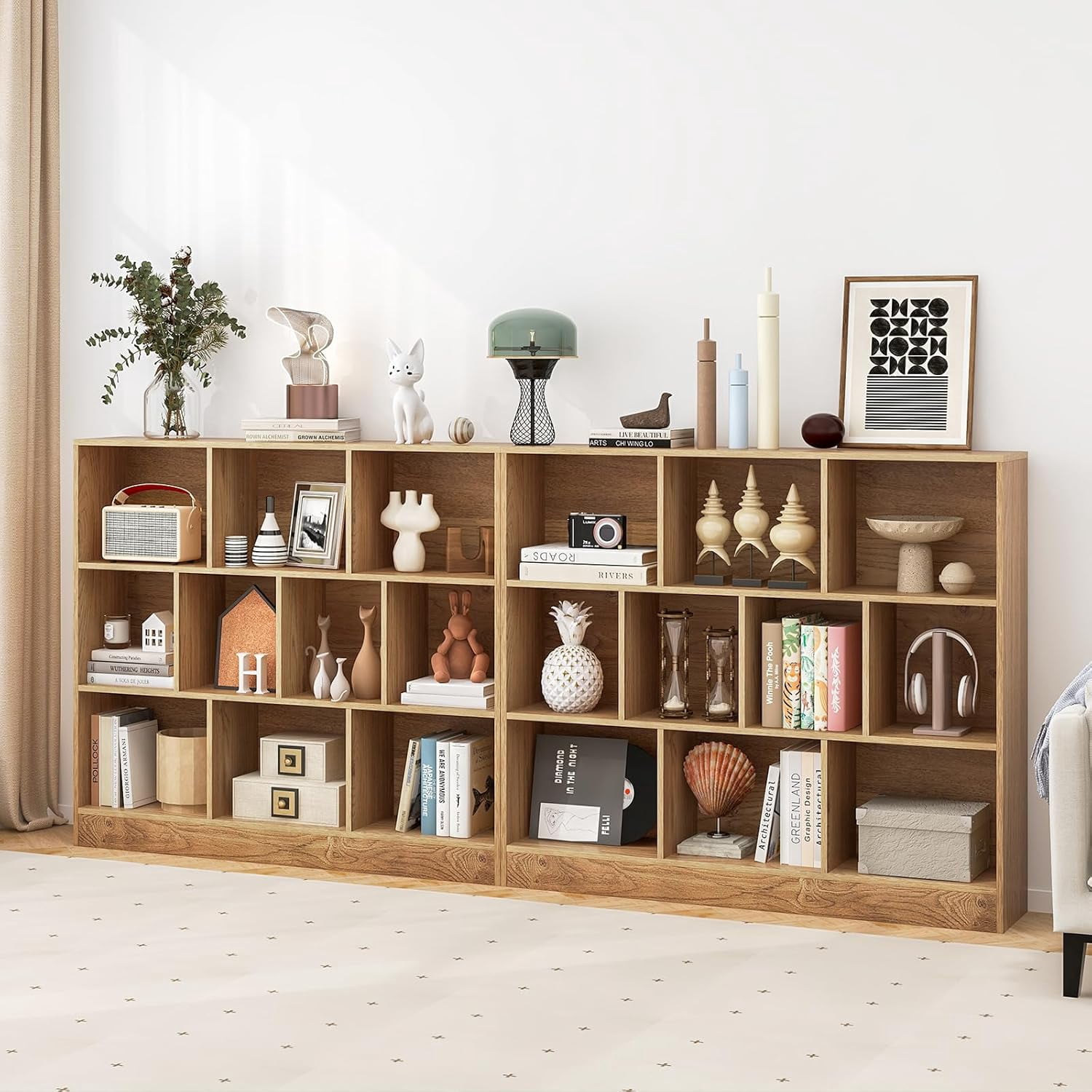 HJTER 10-Cube Bookshelf, 47.5”L Floor Bookcase with 2 Anti-Tipping Kits, Freestanding Storage Organizer, 4-Tier Display Shelf for Home, Office & Dorms (Natural, 10-Cube)
