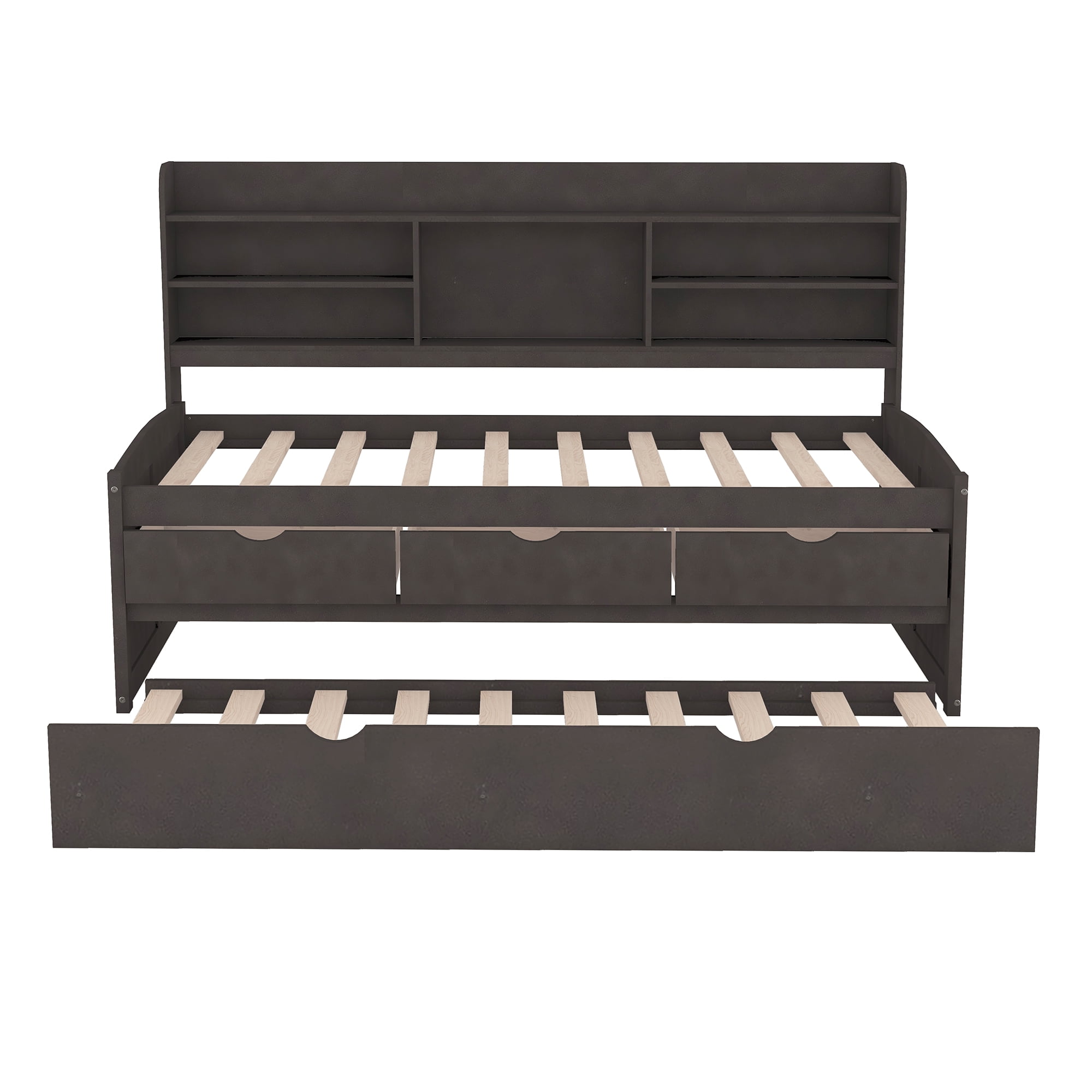 EUROCO Twin Size Captain Bed, Daybed with Trundle and Bookcase, Drawers and Shelf Platform, Espresso