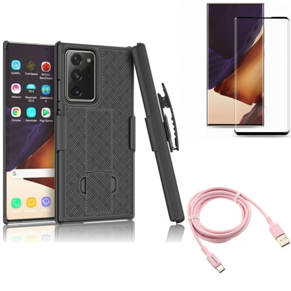 Case Belt Clip & 6ft USB-C Cable & Screen Protector for Samsung Galaxy Note 20 Ultra (6.9") - Combo with Holster Swivel & Pink Charger Cord & Tempered Glass (Fingerprint Unlock)