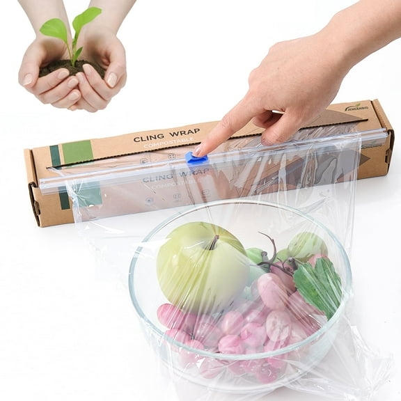 JENCENBIO Cling Wrap Compostable with Slide Cutter 12" Wide x 200 ft ASTM 6400 Certified Compost Food Wrap