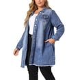 thumbnail image 1 of Women's Plus Size Jeans Jackets Long Sleeve Raw Hem Long Denim Jacket Blue 2X, 1 of 7