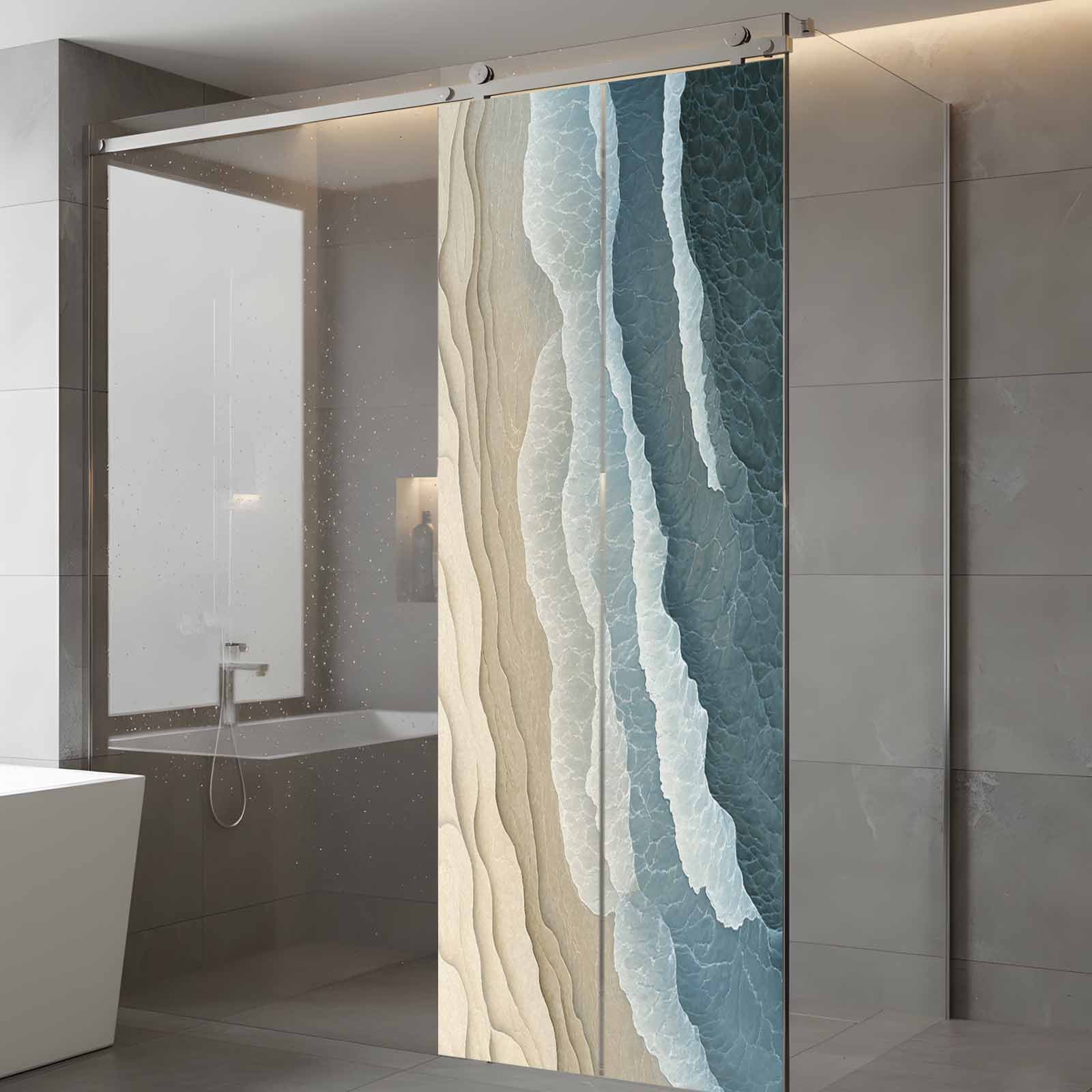 Blue Beige Window Privacy Film, Gradient Sea Wave Beach Abstract Seaside Sand Frosted Glass Window Clings Static Cling UV Heat Blocking Reusable Door Sticker for Bathroom 23.6 x 59 Inch