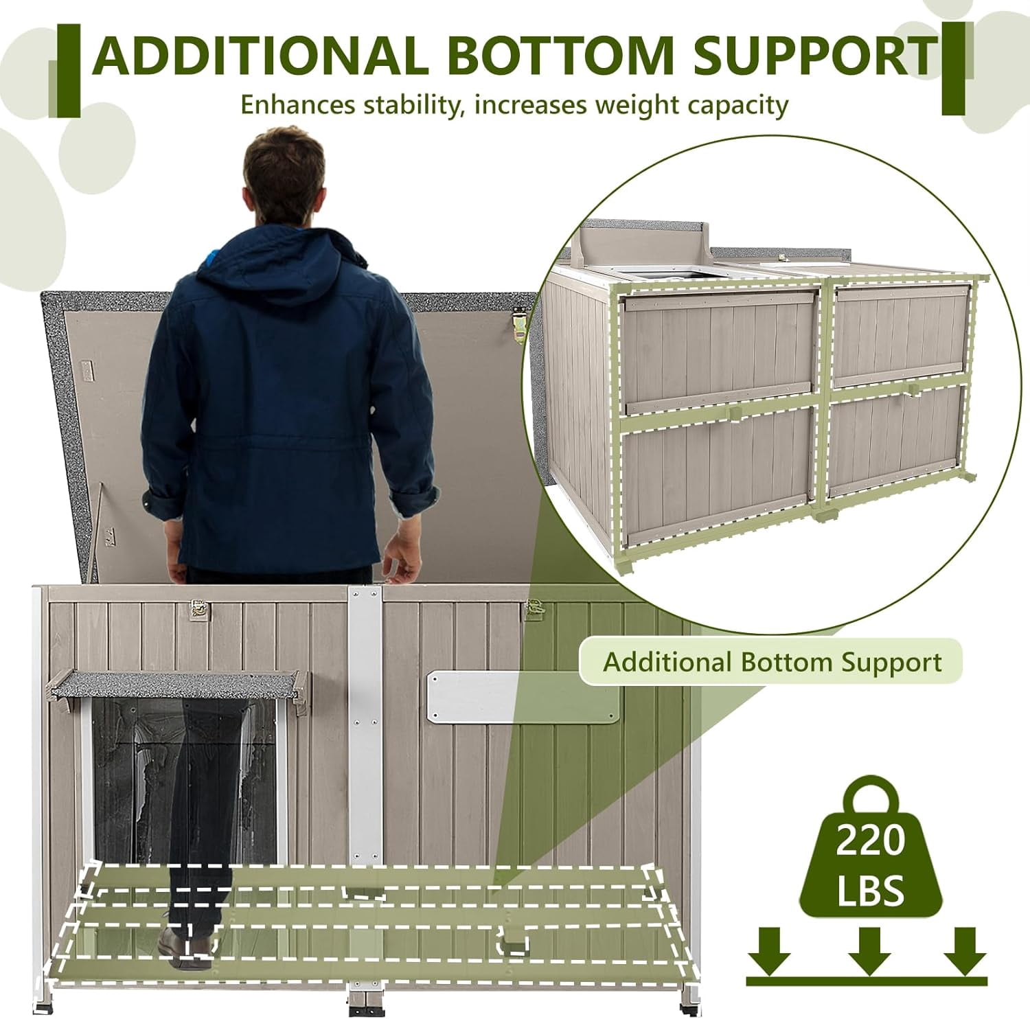 PETSCOSSET Large Dog House, Outdoor Wooden Dog Kennel with Removable Floor, Openable Roof  for Medium to Large Dogs, Gray