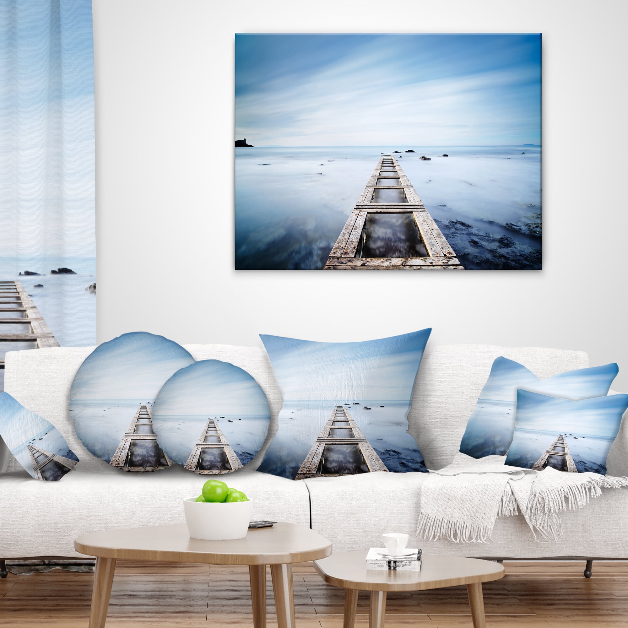 Designart Wooden Jetty in Morning Blue Sea - Landscape Wall Throw Pillow - 16x16