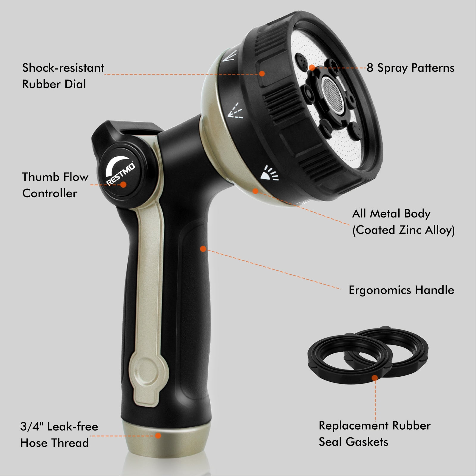 Restmo Full Shower Garden Hose Nozzle, 8 Spray Patterns with Thumb Control, Heavy Duty Nozzle Ideal for Outdoor Lawn &  Plant Watering, Car & Pet
