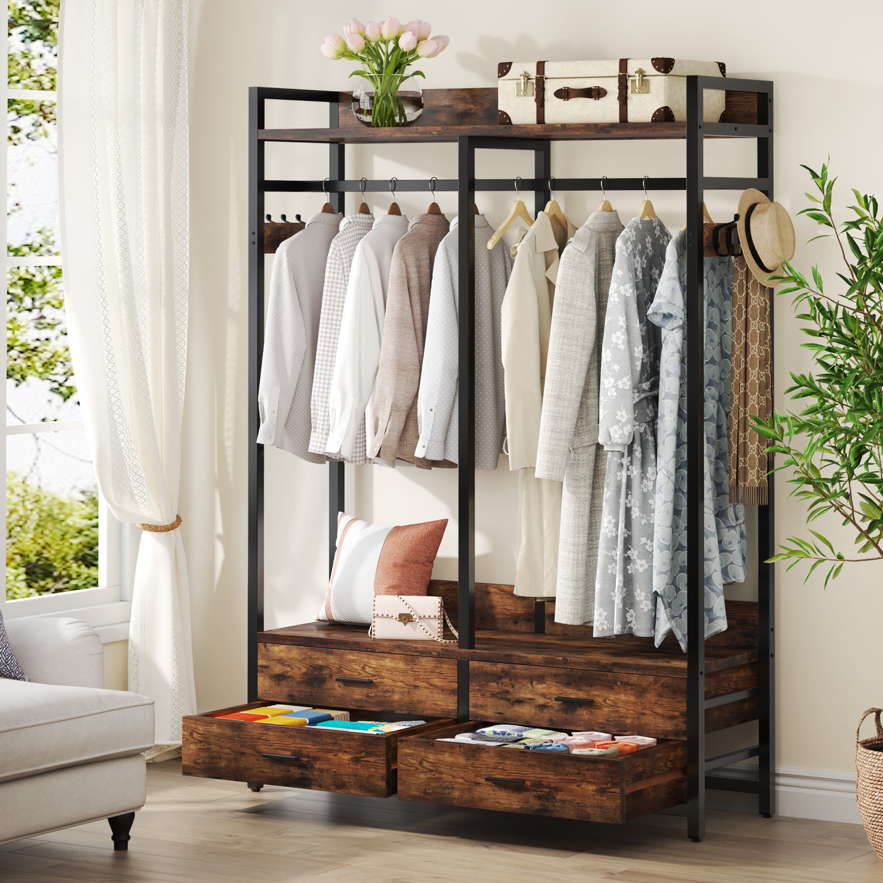 TRIBESIGNS WAY TO ORIGIN 47.2 in. W Freestanding Clothes Garment Rack with  Shelves and 2 Drawers, 5 Tier Rustic Brown Closet Organizer Wardrobe  HD-GGF1546 - The Home Depot