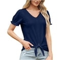 thumbnail image 2 of Chiccall Summer Tops for Womens Lace Short Sleeve V Neck T Shirts Dressy Casual Tie Front Eyelet Tunic Blouses Navy XL, 2 of 8